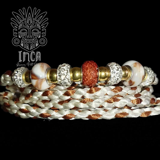 Guinzaglio da Show INCA LUXURY - In Raso Bianco e Bronzo, con perle e asola per collare - 140 cm