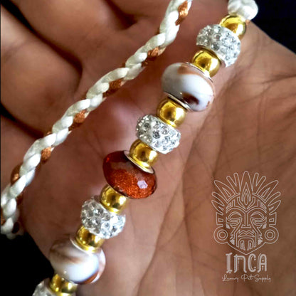 Guinzaglio da Show INCA LUXURY - In Raso Bianco e Bronzo, con perle e asola per collare - 140 cm