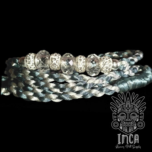Guinzaglio da Show INCA LUXURY - In Raso Argento e Azzurro Titanio, con perle e asola per collare - 125 cm