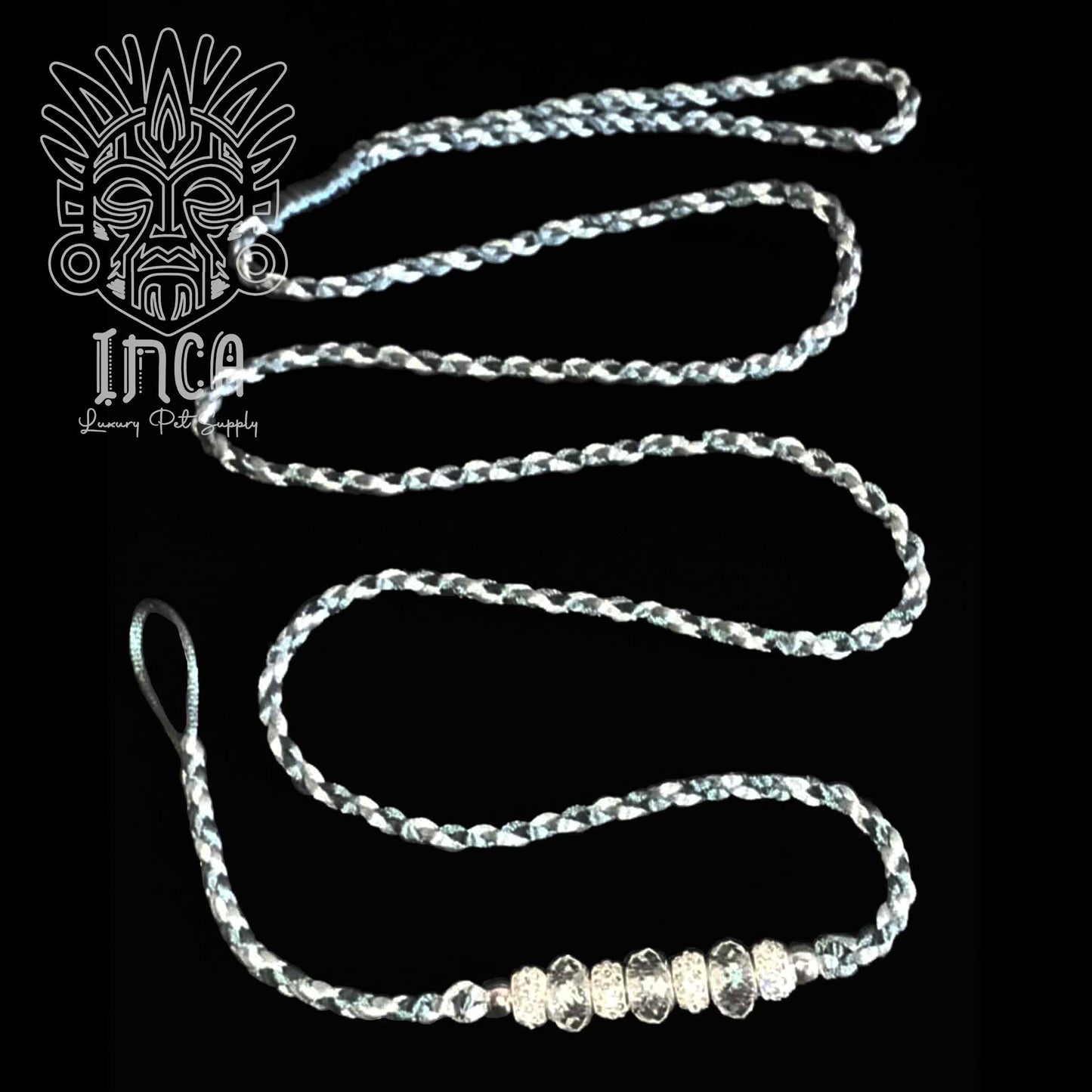 Guinzaglio da Show INCA LUXURY - In Raso Argento e Azzurro Titanio, con perle e asola per collare - 125 cm