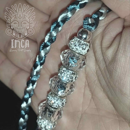 Guinzaglio da Show INCA LUXURY - In Raso Argento e Azzurro Titanio, con perle e asola per collare - 125 cm