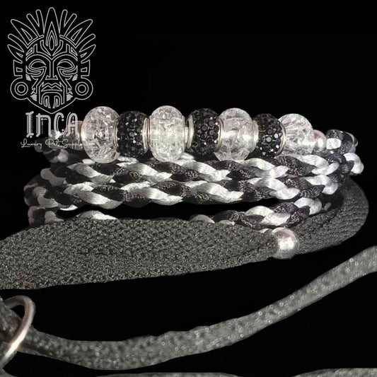 Guinzaglio da Show INCA LUXURY - In Raso Nero  e Argento, con perle e collare piatto - 125 cm