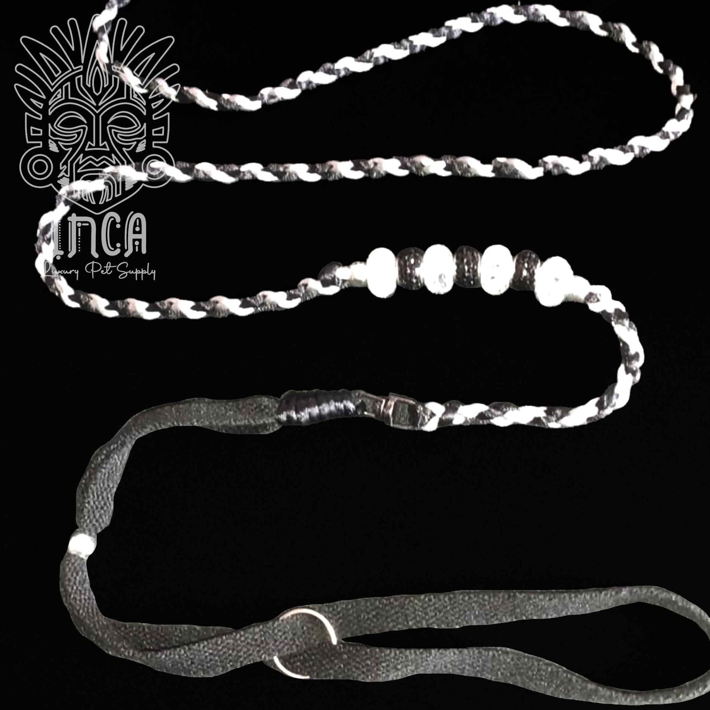Guinzaglio da Show INCA LUXURY - In Raso Nero  e Argento, con perle e collare piatto - 125 cm