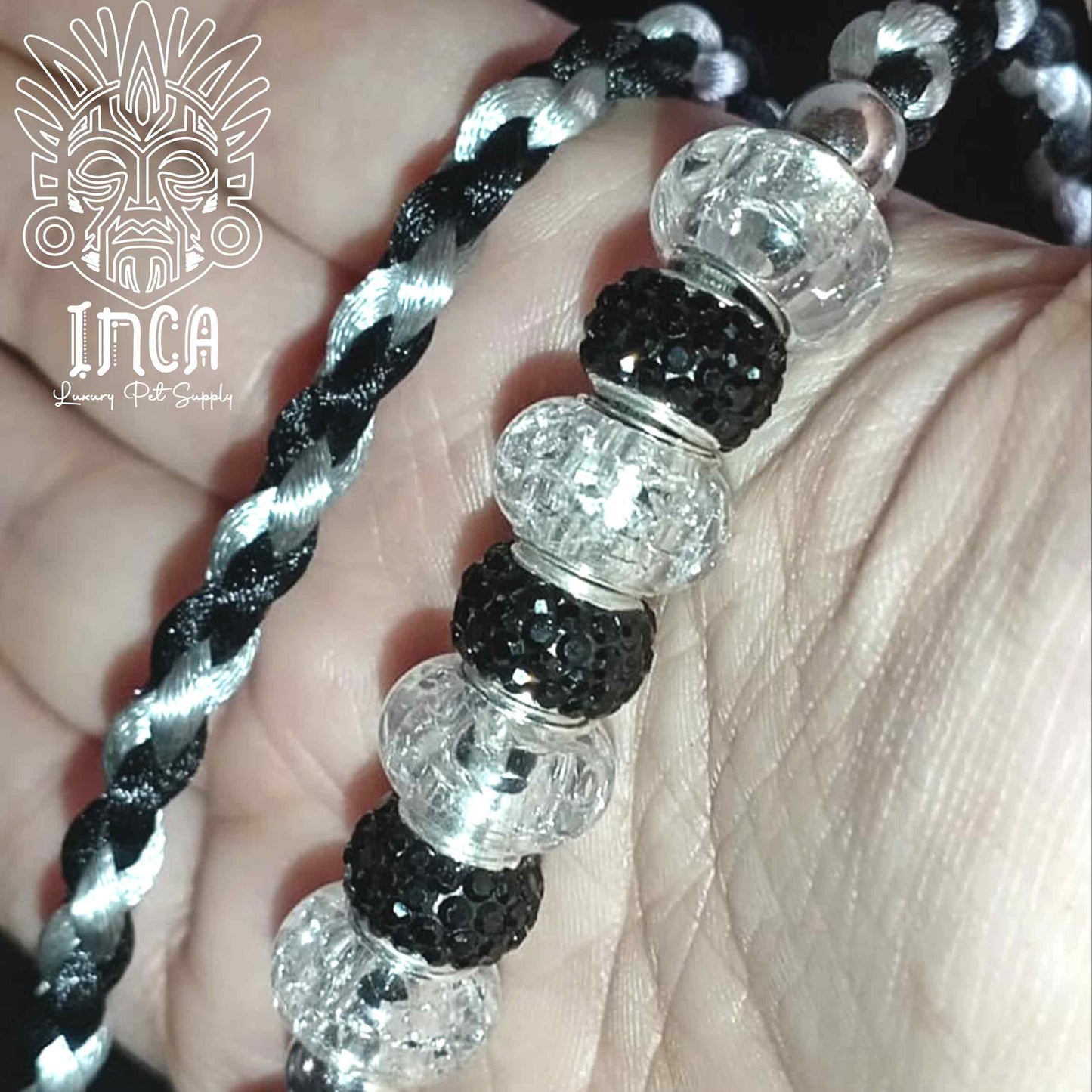 Guinzaglio da Show INCA LUXURY - In Raso Nero  e Argento, con perle e collare piatto - 125 cm