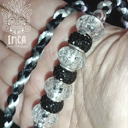 Guinzaglio da Show INCA LUXURY - In Raso Nero  e Argento, con perle e collare piatto - 125 cm