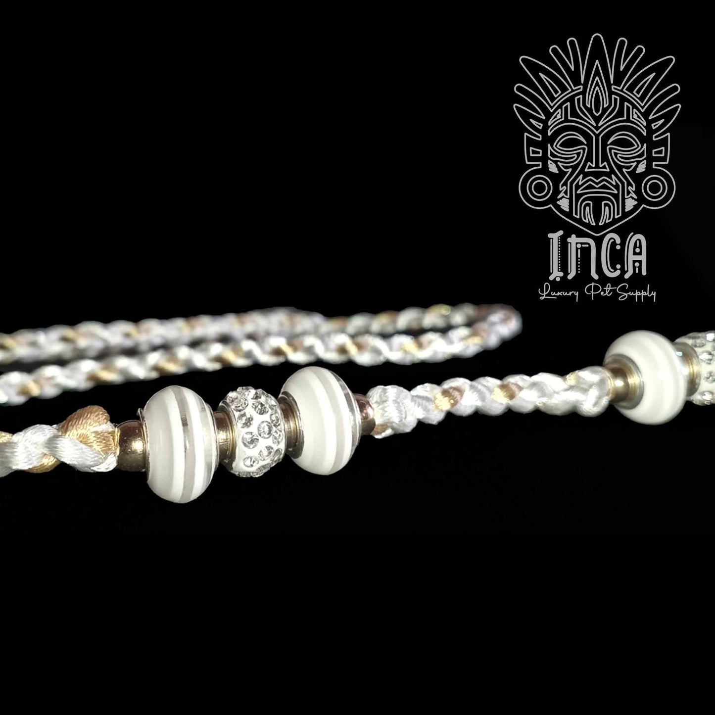 Guinzaglio da Show INCA LUXURY - In Raso Bianco e Oro, con perle e asola per collare - 1 mt