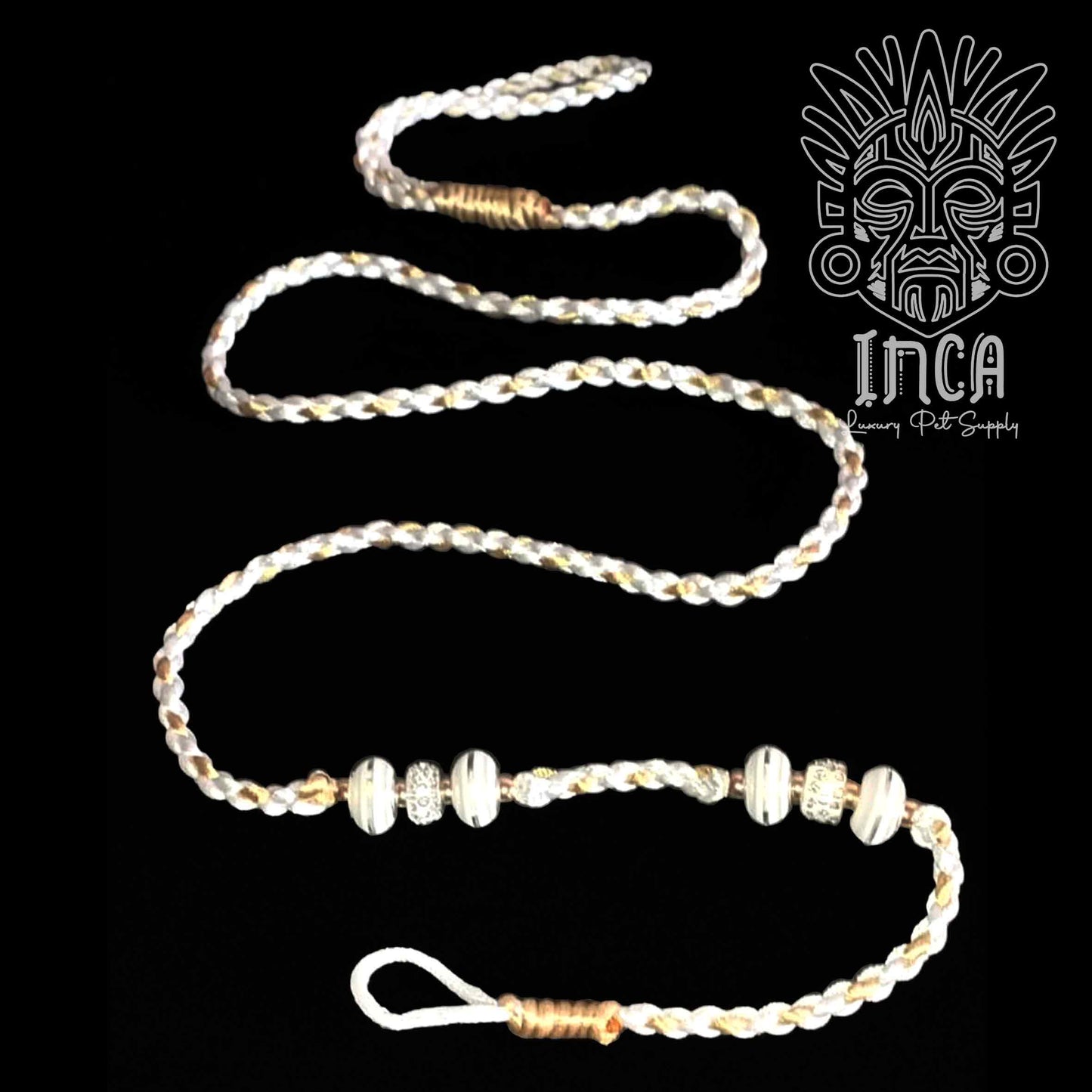 Guinzaglio da Show INCA LUXURY - In Raso Bianco e Oro, con perle e asola per collare - 1 mt