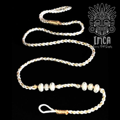 Guinzaglio da Show INCA LUXURY - In Raso Bianco e Oro, con perle e asola per collare - 1 mt