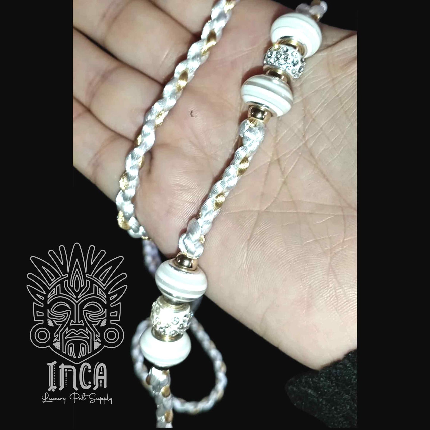 Guinzaglio da Show INCA LUXURY - In Raso Bianco e Oro, con perle e asola per collare - 1 mt