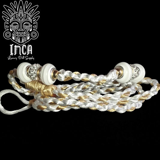 Guinzaglio da Show INCA LUXURY - In Raso Bianco e Oro, con perle e asola per collare - 1 mt