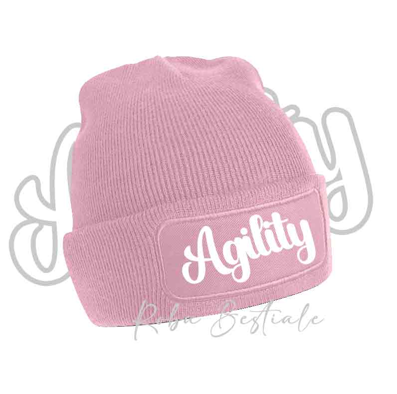 Cappellino invernale a cuffia rosa chiaro con scritta Agility bianca