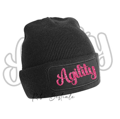 Cappellino invernale nero con scritta Agility glitter rosa