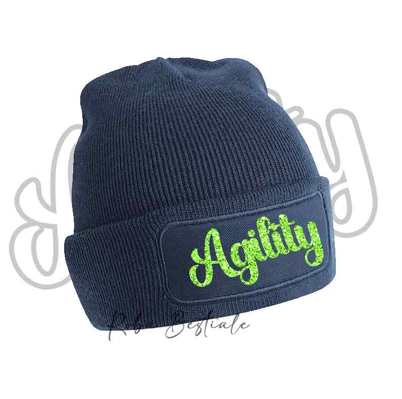 Cappellino invernale blu navy con scritta Agility glitter verde