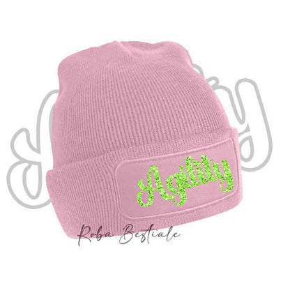 Cappellino invernale rosa con scritta Agility glitter verde lime