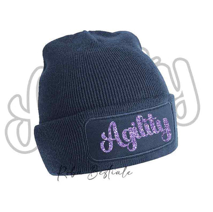 Cappellino invernale blu navy con scritta Agility glitter viola