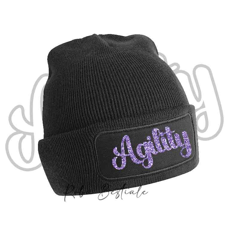 Cappellino invernale nero con scritta Agility glitter viola