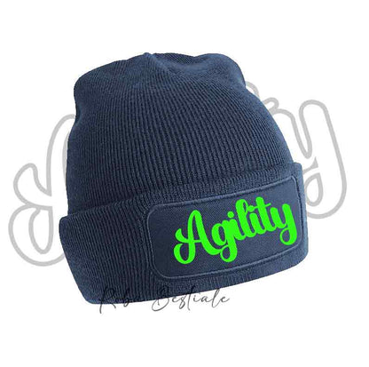Cappellino invernale blu navy con scritta Agility glitter verde lime