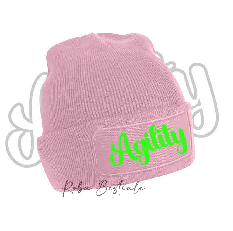 Cappellino invernale a cuffia rosa chiaro con scritta Agility verde