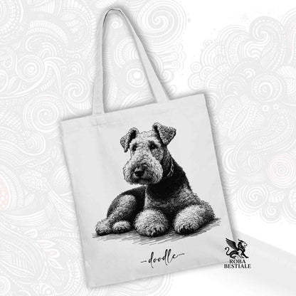 DOODLE Elegance Tote Bag - AIREDALE TERRIER - 100% Cotton - White or Beige
