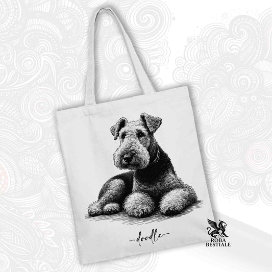 Tote Bag DOODLE Elegance - AIREDALE TERRIER - 100% Cotone - Bianca o Beige