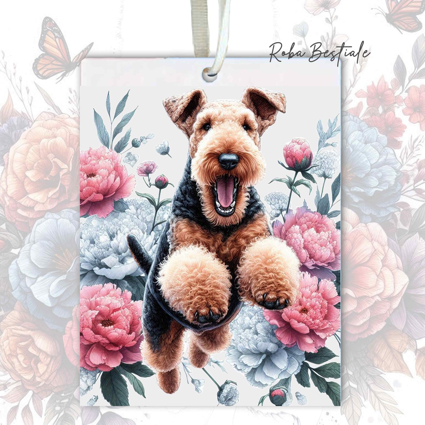 Deodorante Auto PEONY - AIREDALE TERRIER - In Feltro, con cordino - 7,5 x 10 cm