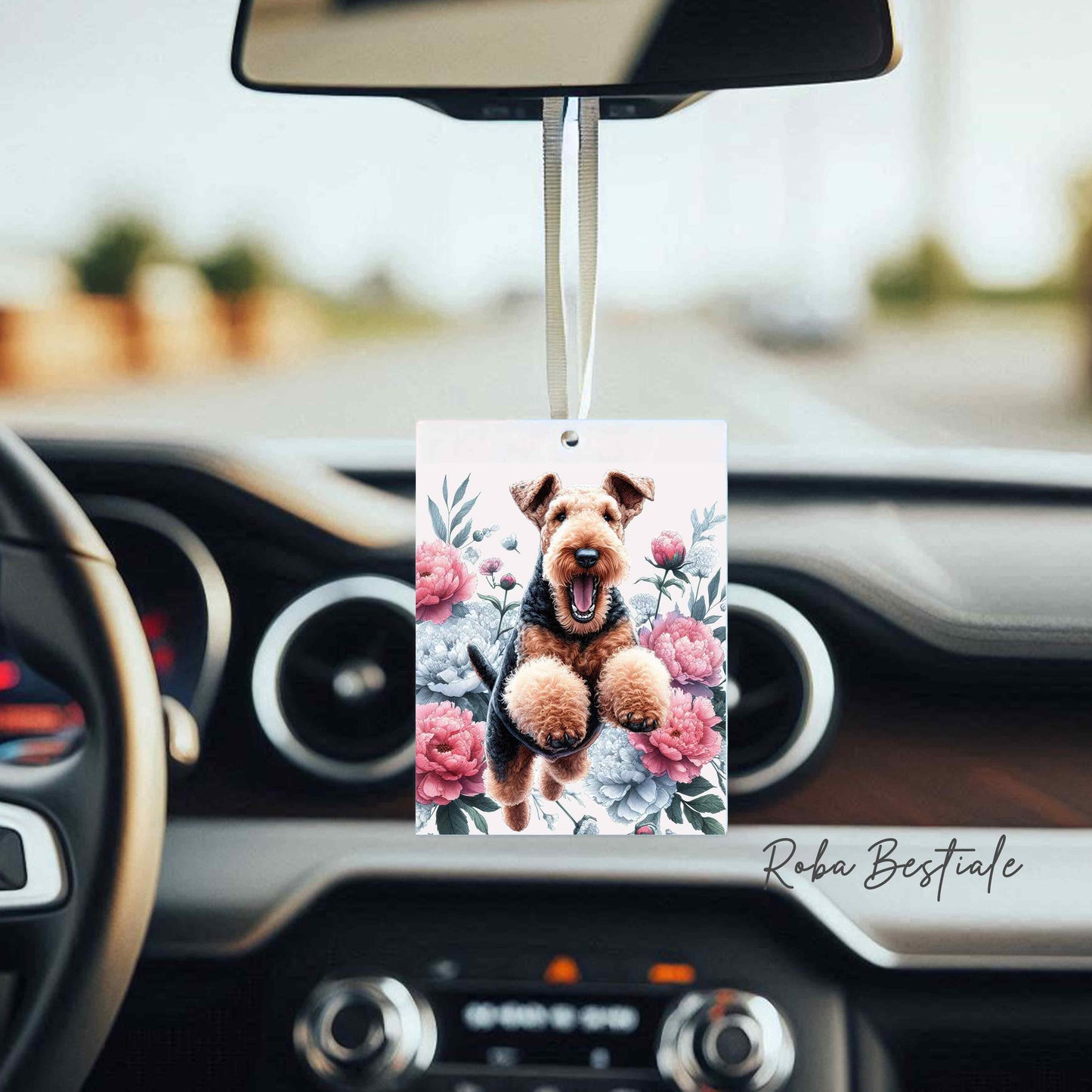 Deodorante Auto PEONY - AIREDALE TERRIER - In Feltro, con cordino - 7,5 x 10 cm