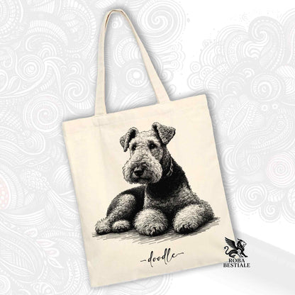 DOODLE Elegance Tote Bag - AIREDALE TERRIER - 100% Cotton - White or Beige