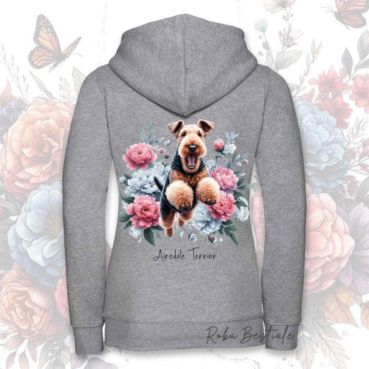 Felpa grigio chiaro con cappuccio e cerniera, stampa cane e fiori sul davanti.