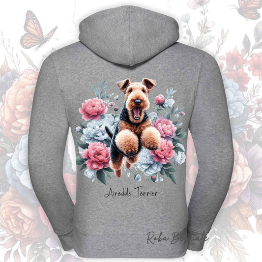 Felpa grigio chiaro con cappuccio e cerniera, stampa cane e fiori sul retro.