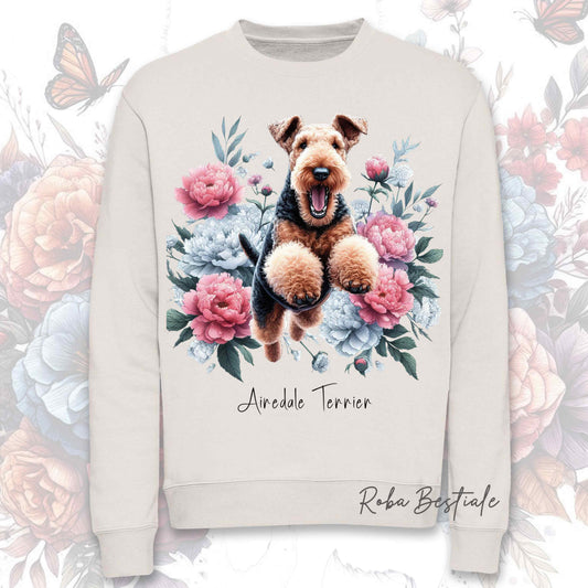 Felpa girocollo off white con illustrazione di terrier e fiori rosa, stampa frontale