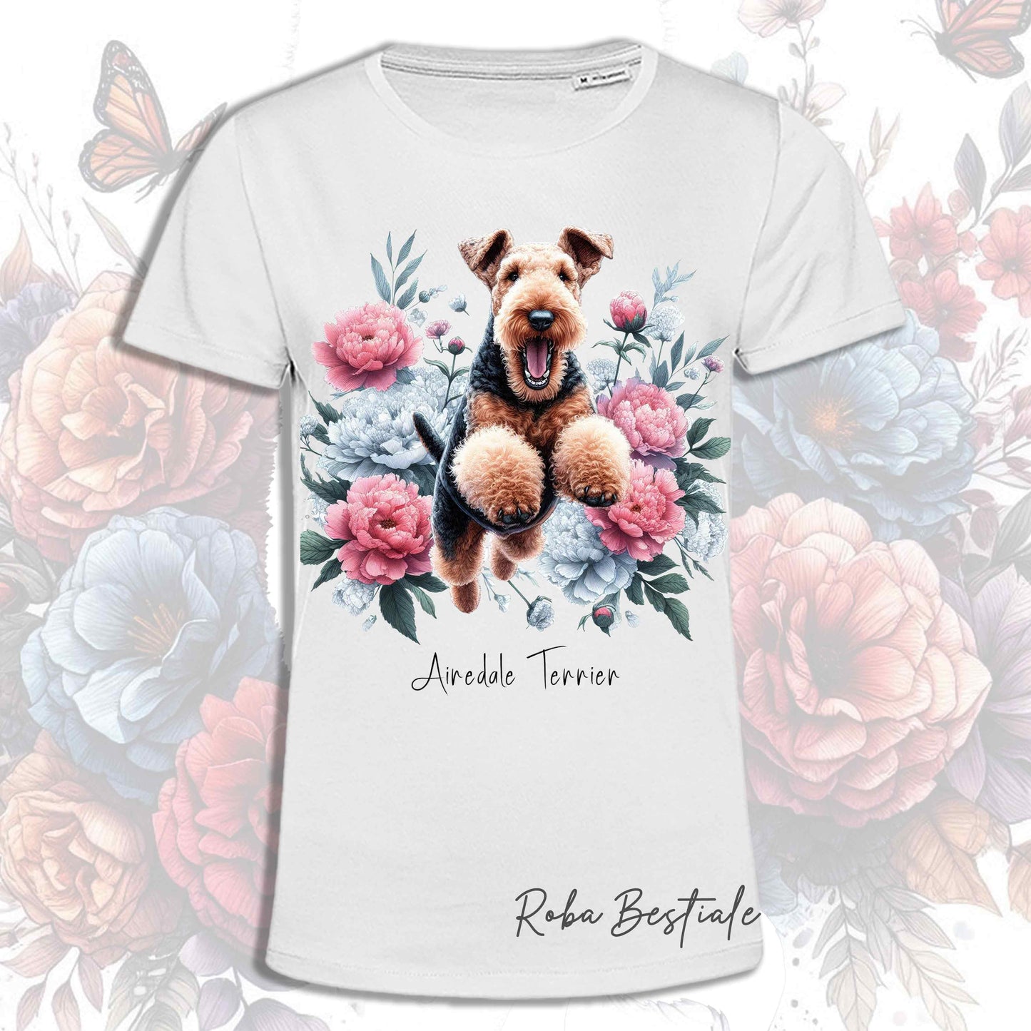 T-Shirt PEONY - AIREDALE TERRIER - Bianca o Beige, Uomo o Donna, dalla XS alla 5XL