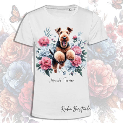 T-Shirt PEONY - AIREDALE TERRIER - Bianca o Beige, Uomo o Donna, dalla XS alla 5XL