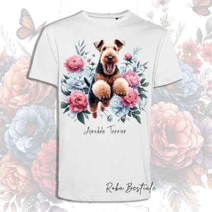 T-Shirt PEONY - AIREDALE TERRIER - Bianca o Beige, Uomo o Donna, dalla XS alla 5XL