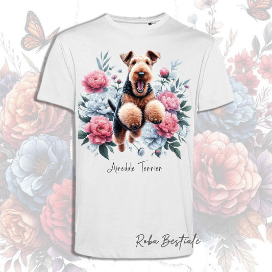T-Shirt PEONY - AIREDALE TERRIER - Bianca o Beige, Uomo o Donna, dalla XS alla 5XL