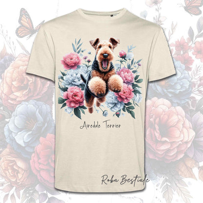 T-Shirt PEONY - AIREDALE TERRIER - Bianca o Beige, Uomo o Donna, dalla XS alla 5XL