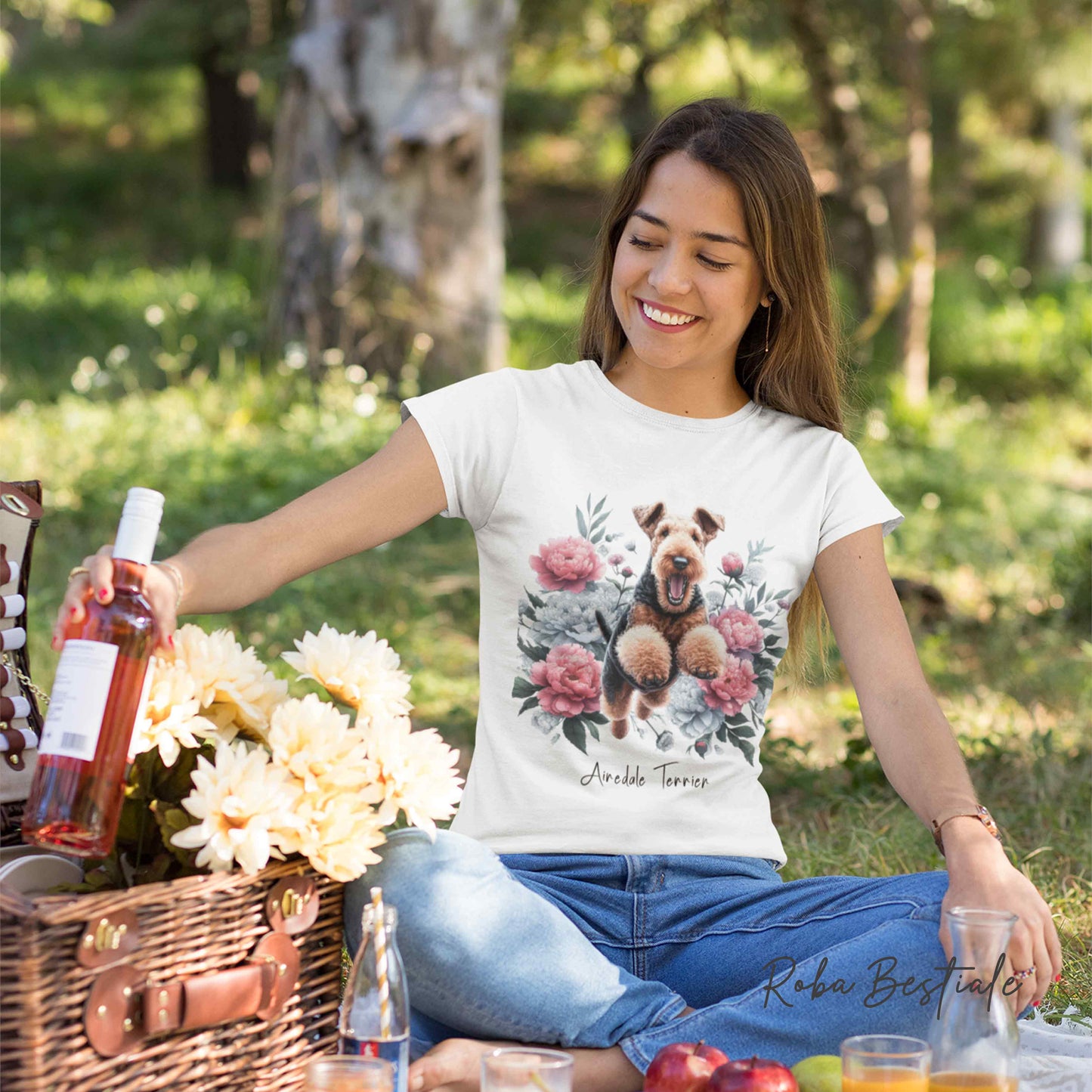 T-Shirt PEONY - AIREDALE TERRIER - Bianca o Beige, Uomo o Donna, dalla XS alla 5XL
