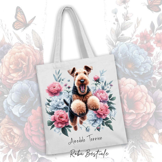 Borsa tote bianca con manici e stampa peonie con cane