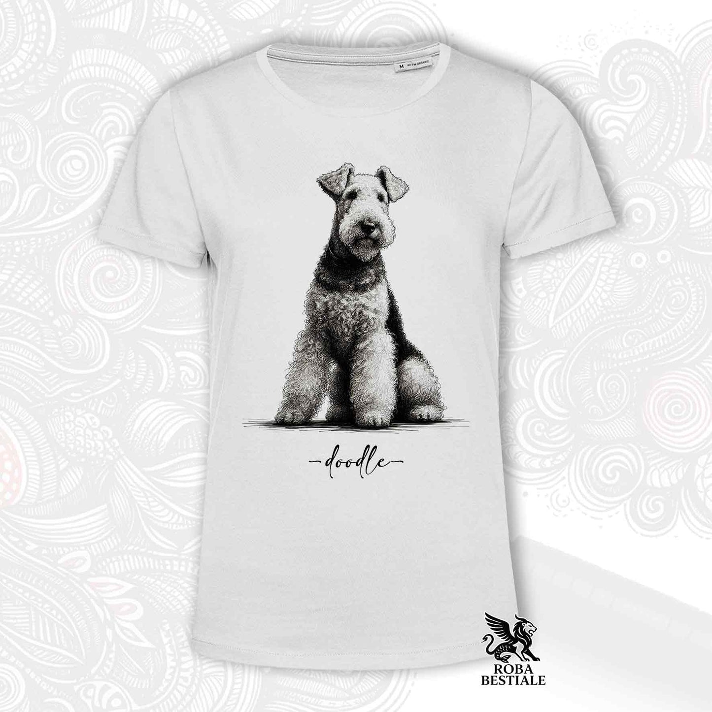 T-Shirt DOODLE - AIREDALE TERRIER - Bianca o Beige, da Uomo o da Donna - dalla XS alla 5XL