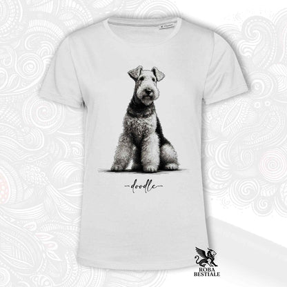 T-Shirt DOODLE - AIREDALE TERRIER - Bianca o Beige, da Uomo o da Donna - dalla XS alla 5XL