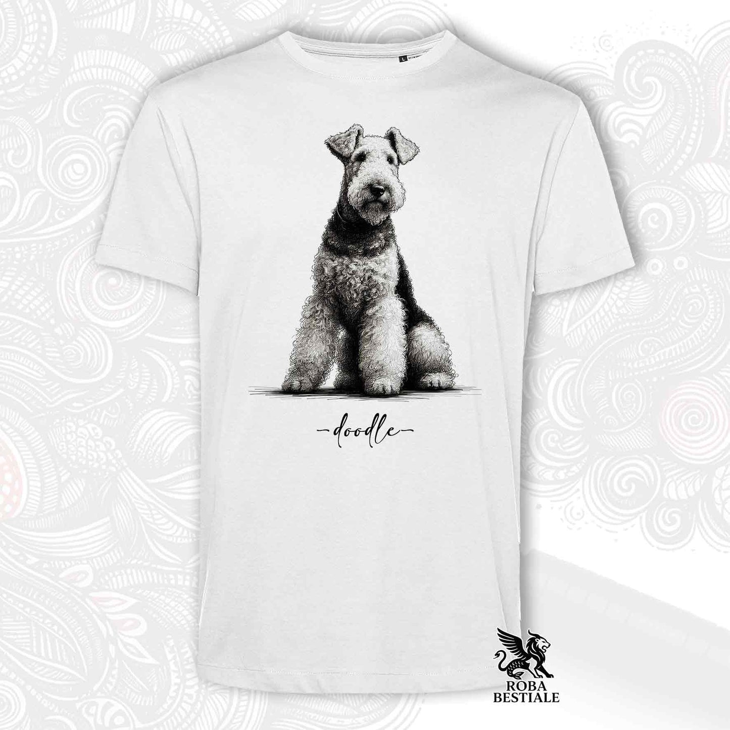 T-Shirt DOODLE - AIREDALE TERRIER - Bianca o Beige, da Uomo o da Donna - dalla XS alla 5XL
