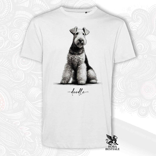 T-Shirt DOODLE - AIREDALE TERRIER - Bianca o Beige, da Uomo o da Donna - dalla XS alla 5XL