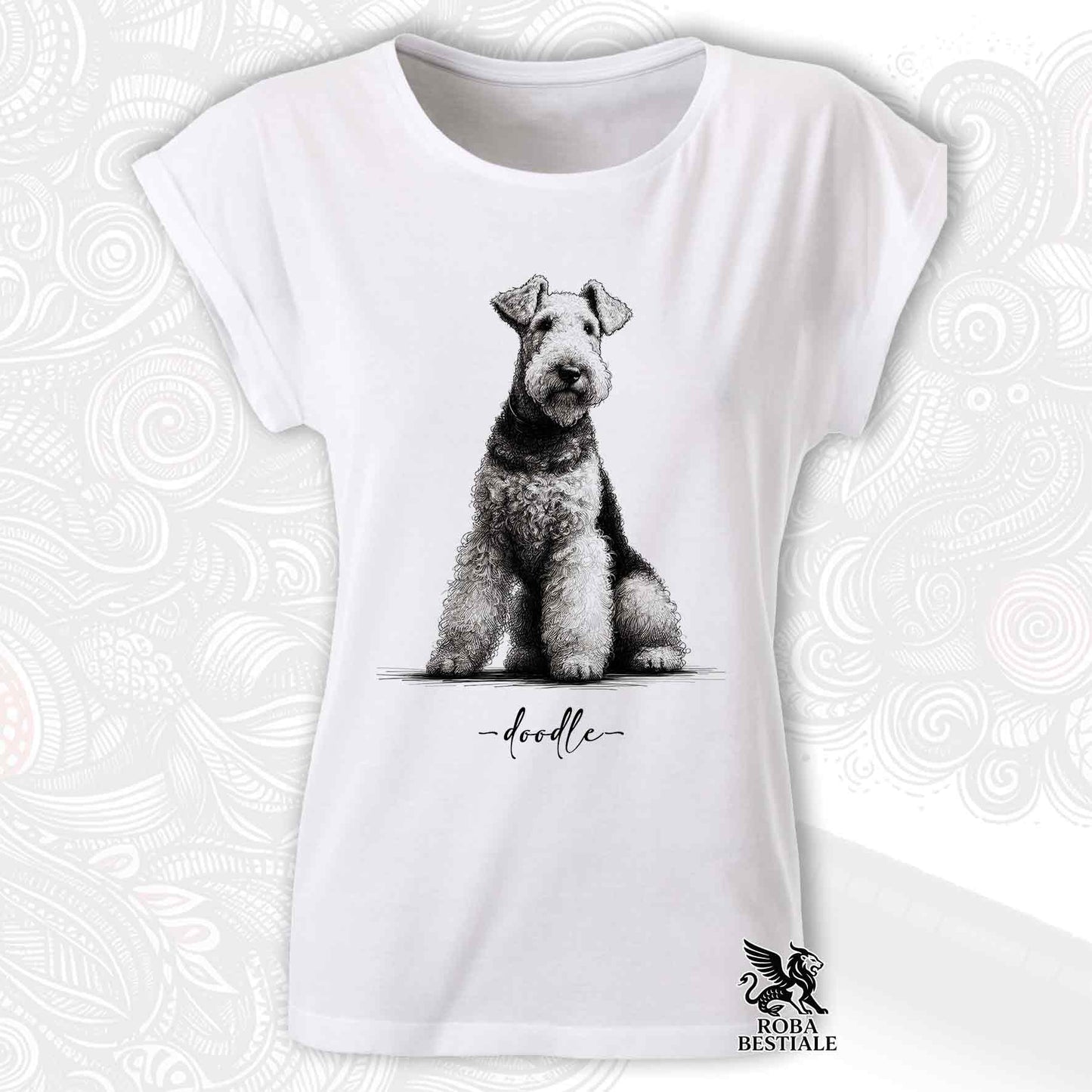 T-Shirt DOODLE - AIREDALE TERRIER - Fashion Cut - Bianca, da Donna - dalla XS alla 2XL