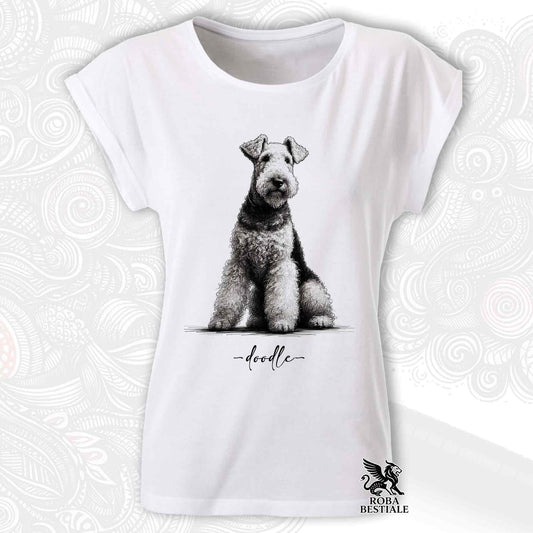 T-Shirt DOODLE - AIREDALE TERRIER - Fashion Cut - Bianca, da Donna - dalla XS alla 2XL