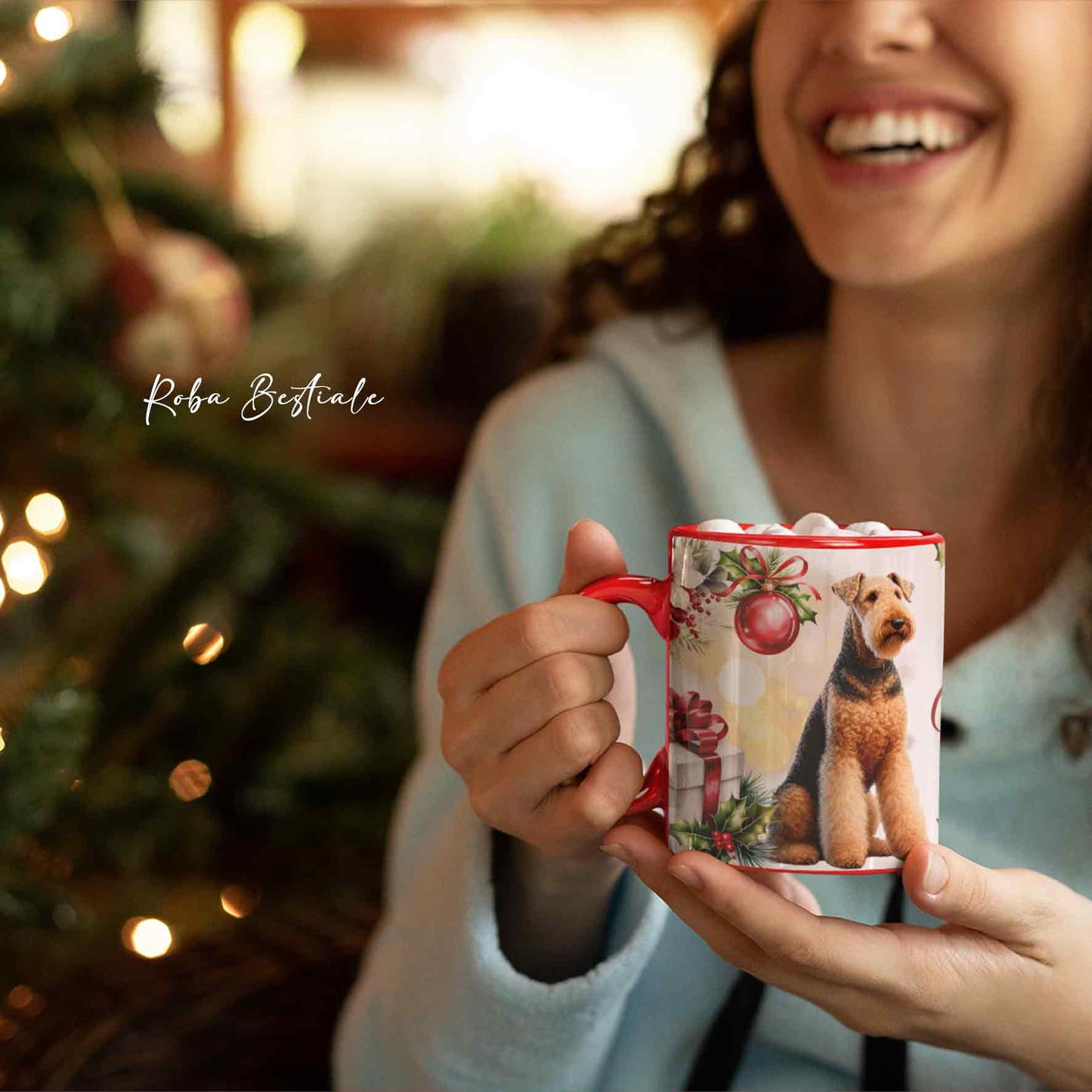 Tazza VINTAGE WINTER - AIREDALE TERRIER - In Ceramica, con dettagli ROSSI - 330 ml