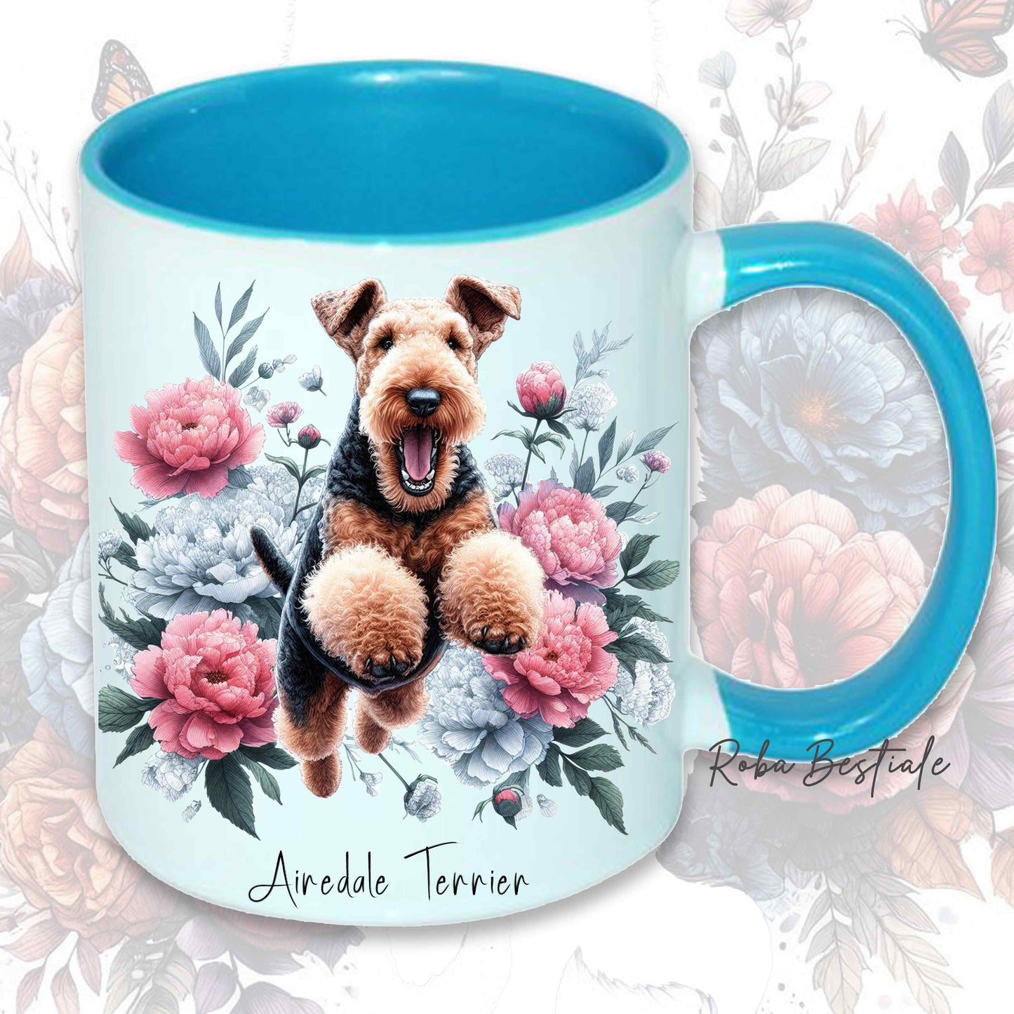 Tazza PEONY - AIREDALE TERRIER - In Ceramica, con manico e interno colorato - 330 ml