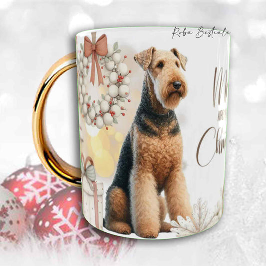 Tazza COZY WINTER - AIREDALE TERRIER - In Ceramica, con manico color Oro - 330 ml