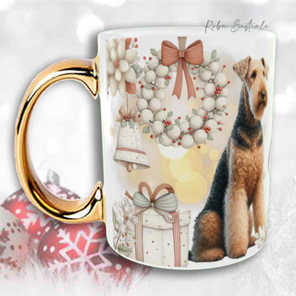 Tazza COZY WINTER - AIREDALE TERRIER - In Ceramica, con manico color Oro - 330 ml