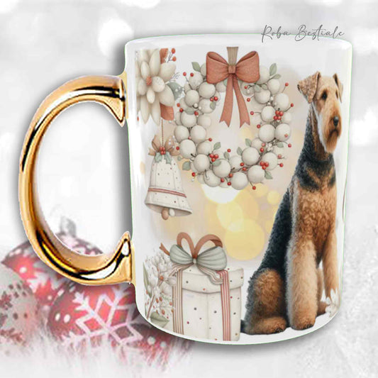 Tazza COZY WINTER - AIREDALE TERRIER - In Ceramica, con manico color Oro - 330 ml