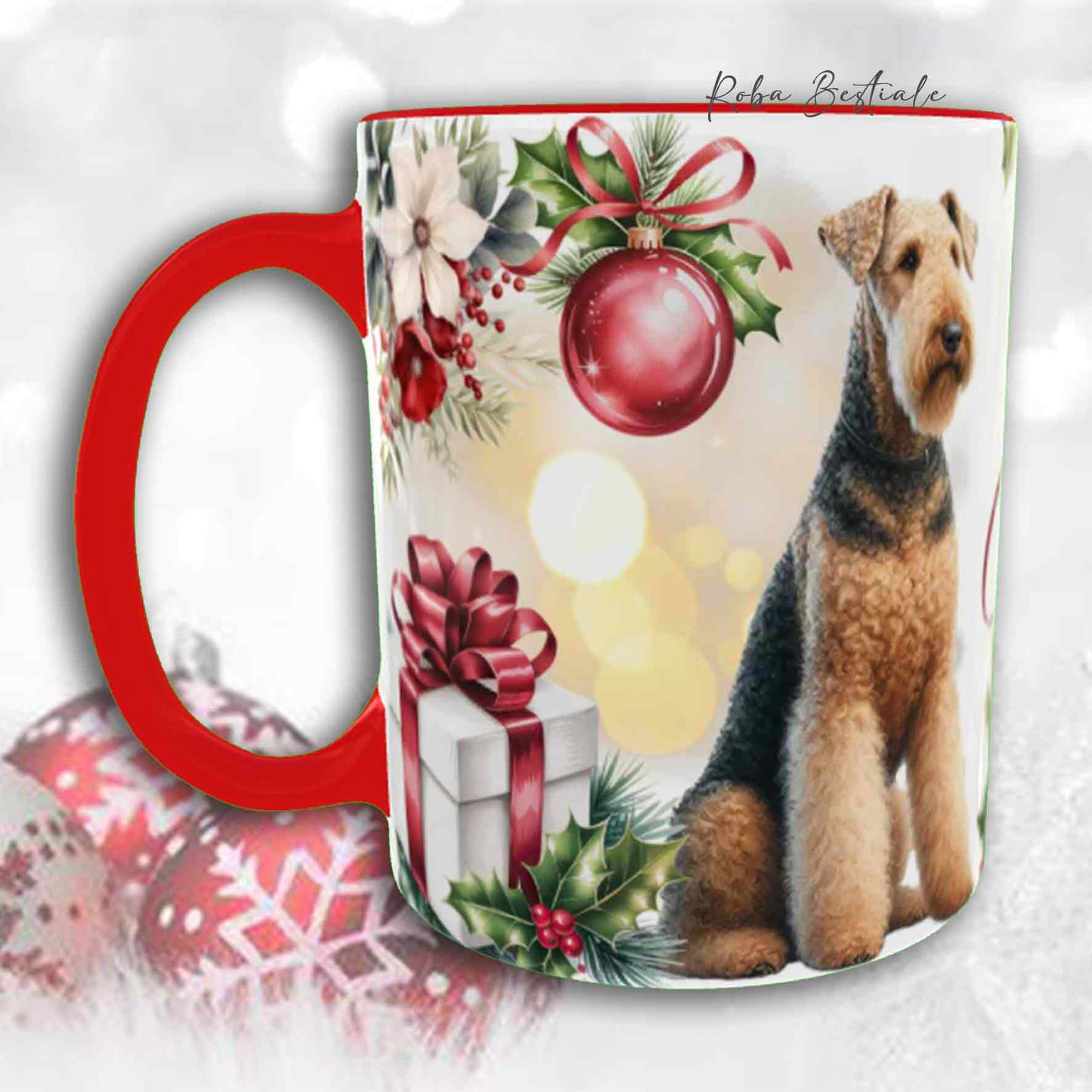 Tazza VINTAGE WINTER - AIREDALE TERRIER - In Ceramica, con dettagli ROSSI - 330 ml
