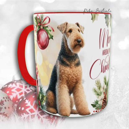 Tazza VINTAGE WINTER - AIREDALE TERRIER - In Ceramica, con dettagli ROSSI - 330 ml